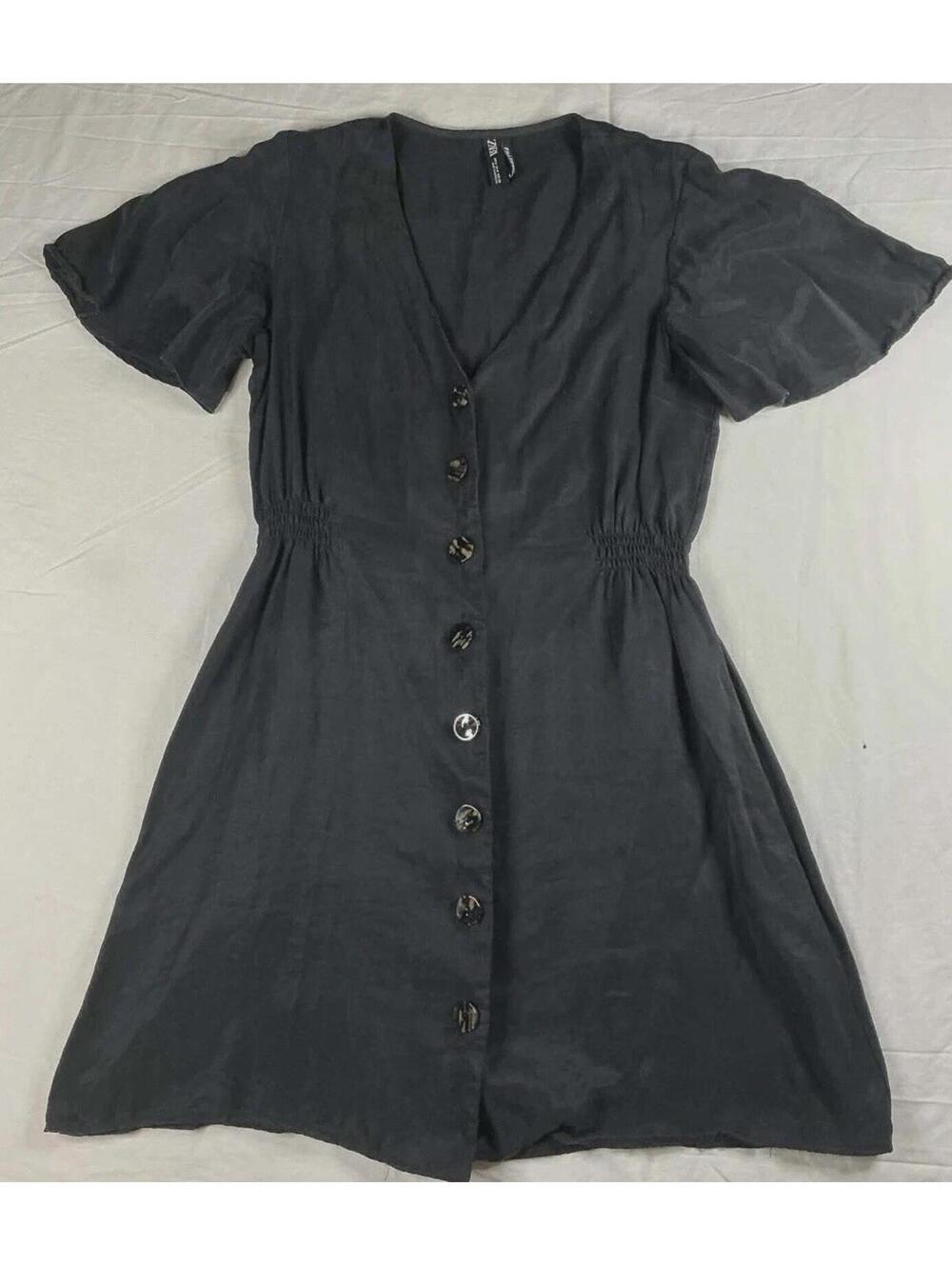 🖤 Zara Gray Linen Short Sleeve Button Shirt Dress Elastic Waist V Neck S 🖤